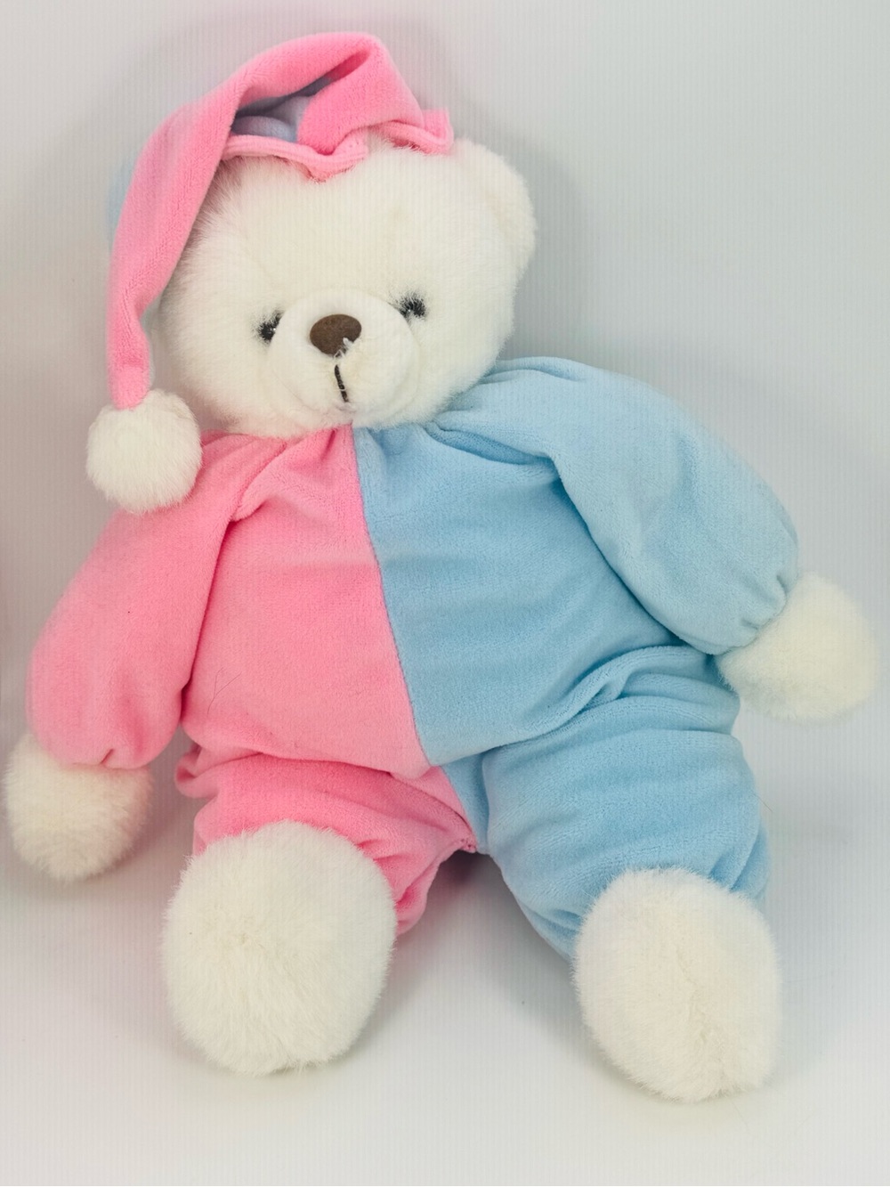 Vintage Teddy Bear Plush White Baby Pink Blue Hat Prestige Toy No Collar 12”